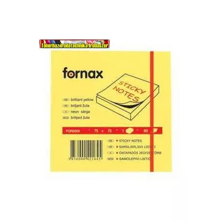 Jegyzettömb FORNAX öntapadós 75x75 mm neon sárga 80 lap/cs