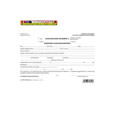 Alkalmassági vélemény a gépjárművezetői alkalmasságról 2 lapos garnitúra A/5 fekvő A.3510-265/V/UJ