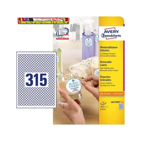 Avery L6019REV-25 Etikett címke, visszaszedhető mini kör átmérő:10 mm,315 címke/ív, 25 ív/doboz,  fehér