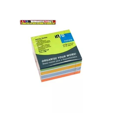 Jegyzettömb InfoNotes 5654-52 öntapadós, 75x75 mm, 450lap, intenzív színek (zöld, sárga, lila, narancs)