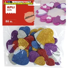   APLI Kids Eva Sheets , (dekorgumi) öntapadó, glitteres, szívek,  vegyes színek 50db/cs