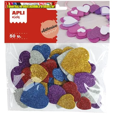 APLI Kids Eva Sheets , (dekorgumi) öntapadó, glitteres, szívek,  vegyes színek 50db/cs