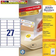 Avery Etikett címke, L4737REV-100 univerzális visszaszedhető 63,5 x29,6 mm, 27 címke/ív, 100 ív/doboz  fehér