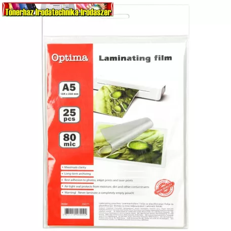 Lamináló fólia A/5 25lap/cs 2x80 mic (A5) Optima