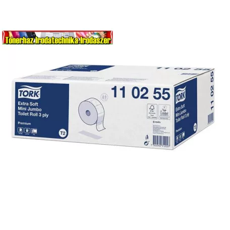 TORK 110255 Mini Jumbo Toalettpapír, T2 rendszer, 3 rétegű, 18,7 cm ámérő, Premium, fehér, 