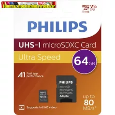   SD Micro 64GB XC Philips UHS-I U1 I + adapterrel (memóriakártya)  PH666868 