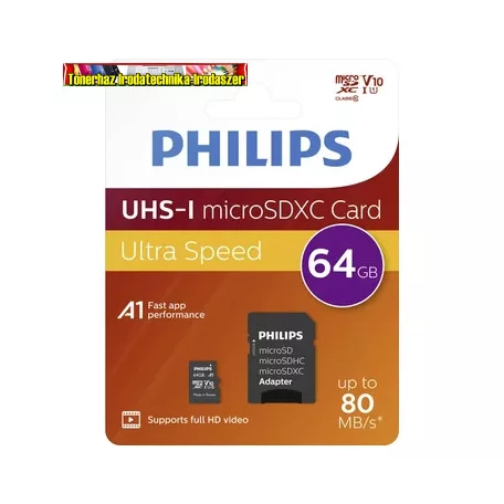 SD Micro 64GB XC Philips UHS-I U1 I + adapterrel (memóriakártya)  PH666868 