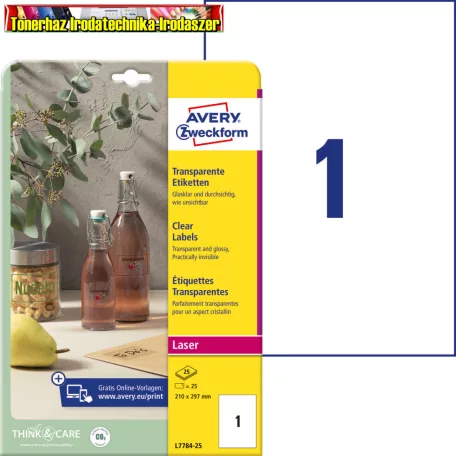 Avery Zweckform poliészter Etikett címke, 210 x297mm,víztiszta, 1 címke/ív, 25 ív/doboz,  átlátszó