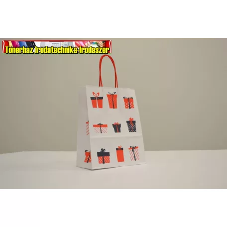 Sodrottfüles papírtáska 22x18x8 cm fehér piros füllel ajándékdobozos nyomattal