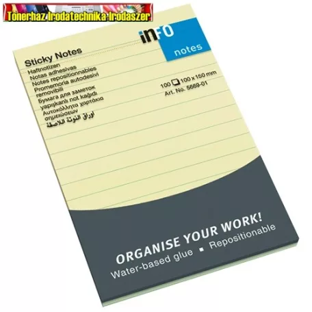 Öntapadós jegyzettömb Info Notes 100x150 mm 100 lapos sárga vonalas 5669-01