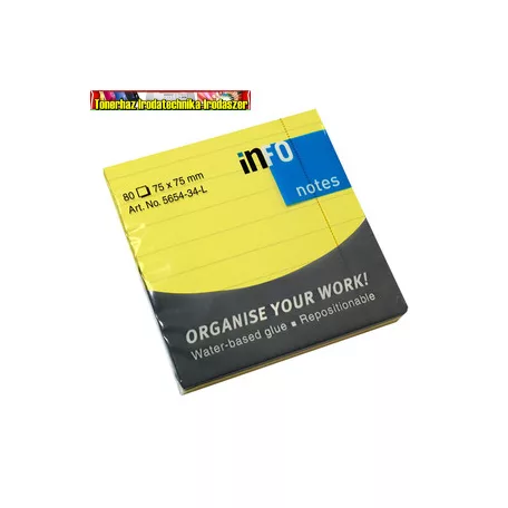 Jegyzettömb INFO NOTES 5654-34-L öntapadós 75x75 mm NEON VONALAS 80 lap neon sárga