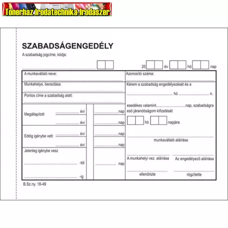 Szabadságengedély 50x2 lap A6 -B.18-49/V (18-49) Bluering