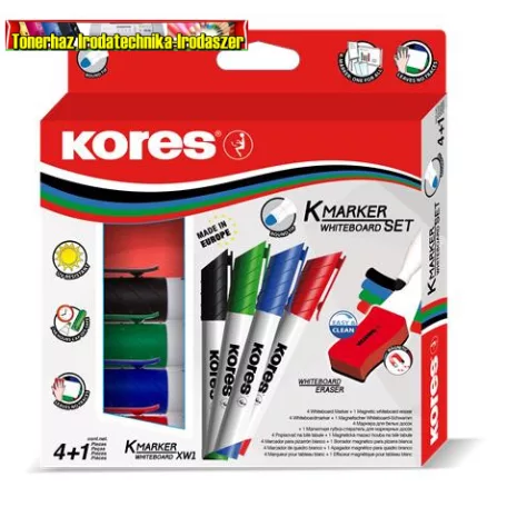 Kores Tábla- és flipchart marker készlet mágneses táblatörlő szivaccsal, 1-3 mm, kúpos (4db filc+1db szivacs) (táblafilc készlet)
