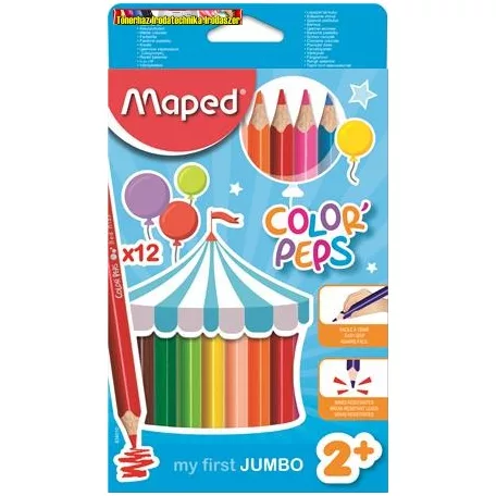 Színes ceruza készlet, háromszögletű, vastag, MAPED Jumbo, 12 különböző szín