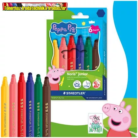 Filctoll készlet, 2,5 mm, kimosható, jumbo, STAEDTLER „Noris® junior 329”, Peppa malac, 6 szín/készlet