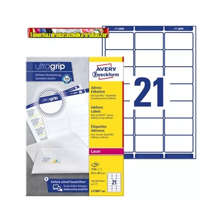 Avery Zweckform Etikett címke, 63,5x38,1mm, 21 címke/ív, L7160-100 , 100 ív/doboz, fehér