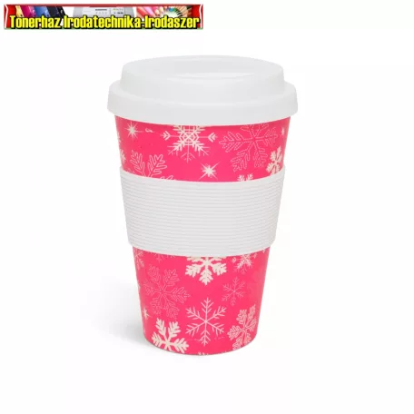 57165B Bambusz utazó bögre - karácsonyi   - szilikon tetővel és gyűrűvel - 475 ml