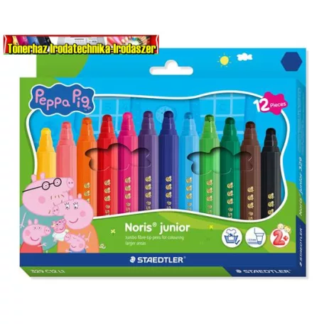 Filctoll készlet, 2,5 mm, kimosható, jumbo, STAEDTLER „Noris® junior 329”, Peppa malac, 12 szín/készlet
