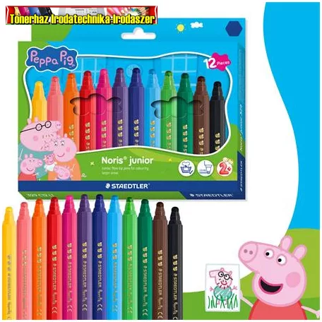 Filctoll készlet, 2,5 mm, kimosható, jumbo, STAEDTLER „Noris® junior 329”, Peppa malac, 12 szín/készlet