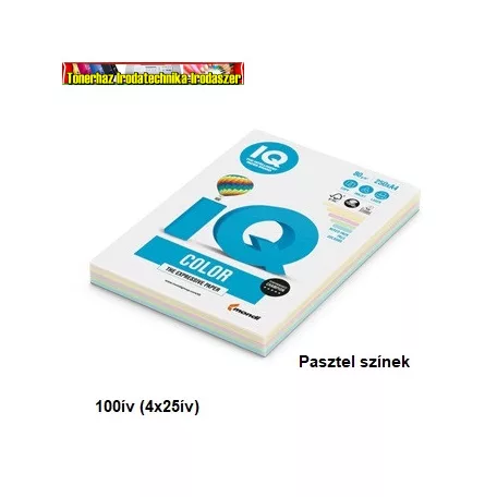 IQ színes másolópapír, A4, 80g. 4x25ív/csomag, pasztell színek