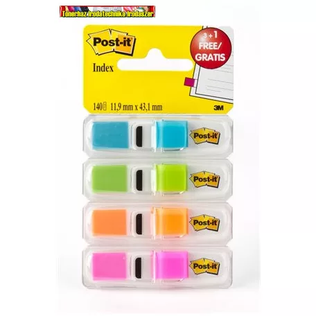 POST-IT  683-4ABX jelölő címke adagolóban, műanyag, 4x35 lap, 12x43 mm, 3M , élénk színek (oldaljelölő)