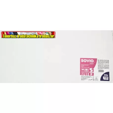 SOVIO kéztörlő, 100% cellulóz, hófehér, Z/V hajtogatott, 2 rétegű, 150 lap/cs ,20cs/dob PP20869