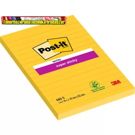 Super Sticky Öntapadó jegyzettömb, 102x152 mm, 90 lap, vonalas, sárga 3M POST-IT  LP660S
