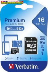 VERBATIM Premium Memóriakártya, microSDHC, 16GB, CL10/U1, 45/10 MB/s, + adapter, 