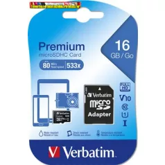   VERBATIM Premium Memóriakártya, microSDHC, 16GB, CL10/U1, 45/10 MB/s, + adapter, 