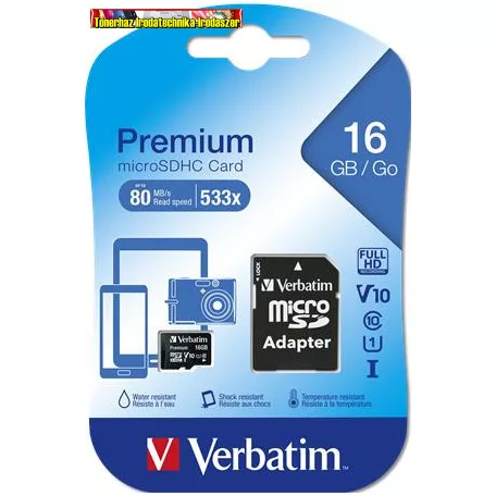 VERBATIM Premium Memóriakártya, microSDHC, 16GB, CL10/U1, 45/10 MB/s, + adapter, 