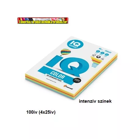 IQ színes másolópapír, A4, 80g. 4x25ív/csomag,  intenzív színek