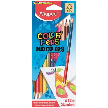MAPED Color Peps Duo, Színes ceruza készlet, kétvégű, háromszögletű, (12 ceruza 24 különböző szín)