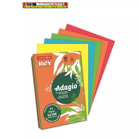 Rey Adagio A4/80g másolópapír, intenzív színek, 5x100 lap (sárga, narancssárga, mélyzöld, piros, mélykék)