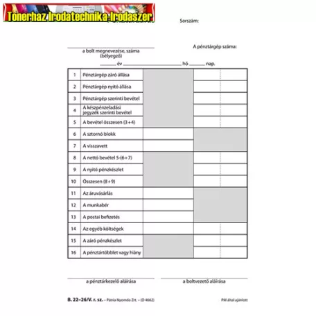 Pénztárzárás 25x2+2 lapos tömb A/5 álló PÁTRIA B.22-26/V